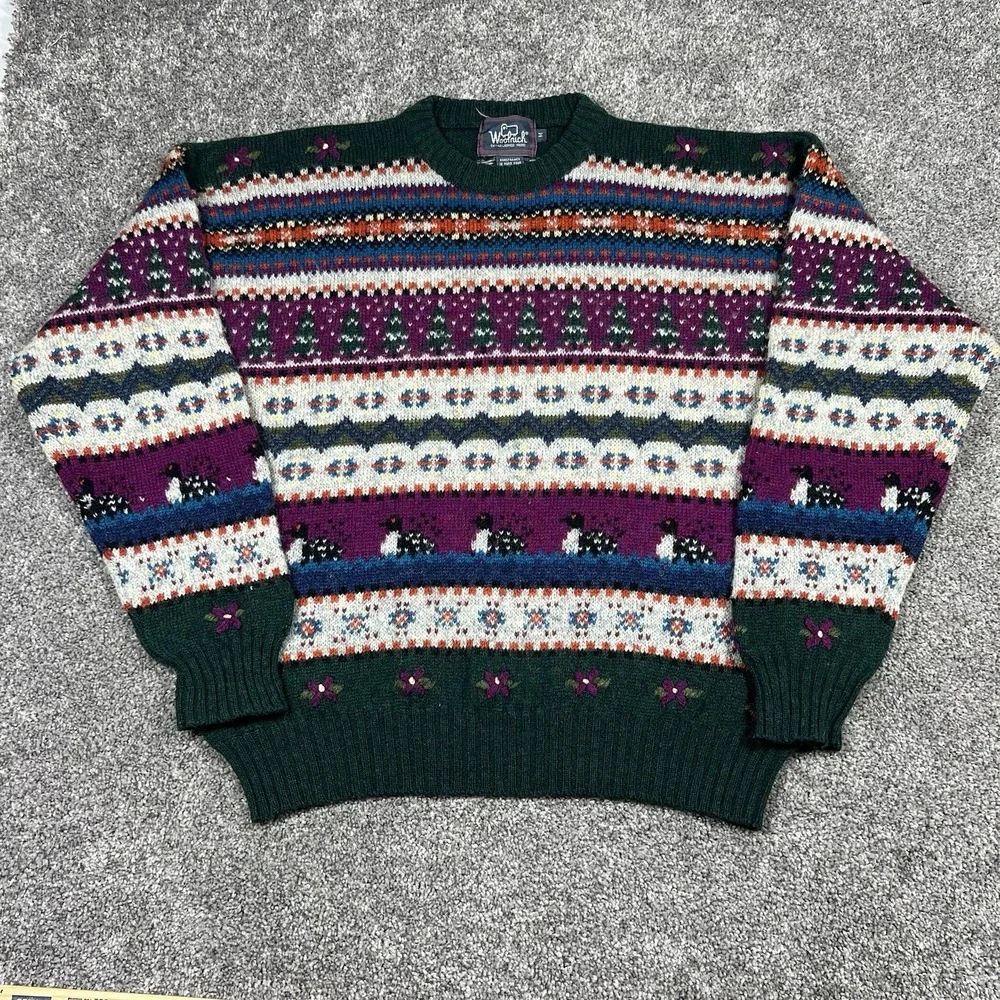 Vintage 80s 90s Woolrich Loon Duck Wool Sweater Men M Chunky Hunting Fair Isle